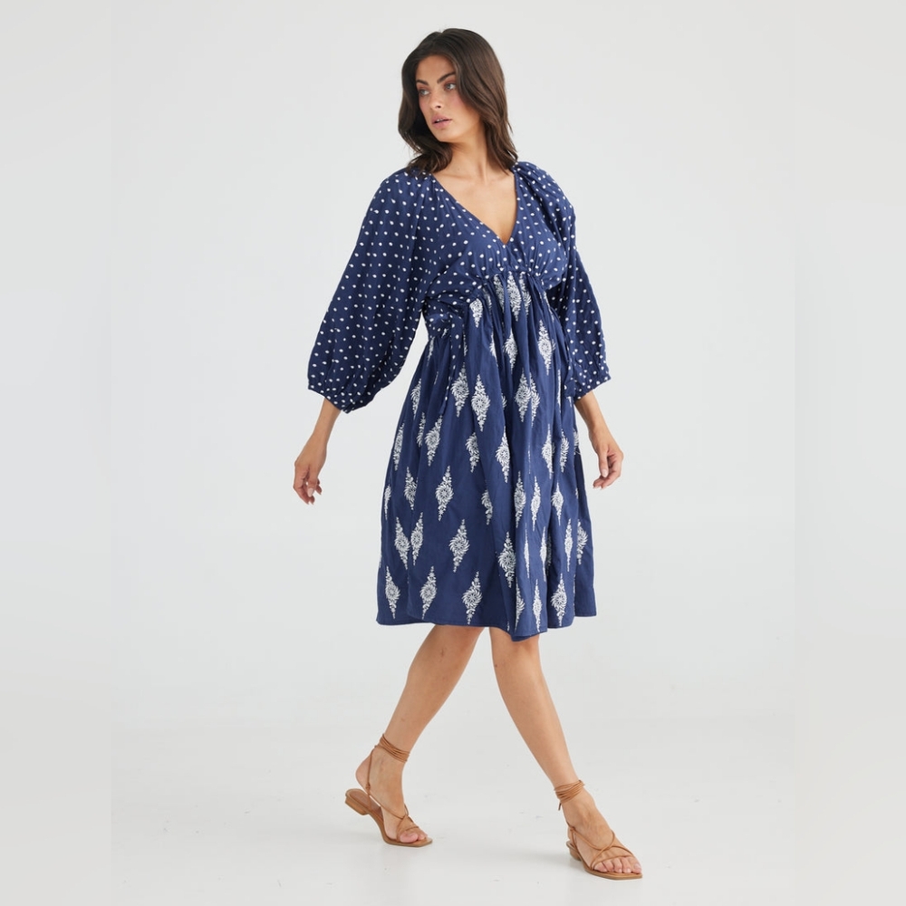 Talisman Navy Cotton Embroidered Gaia Dress V-neckline Empire Babydoll NWOT Sz S